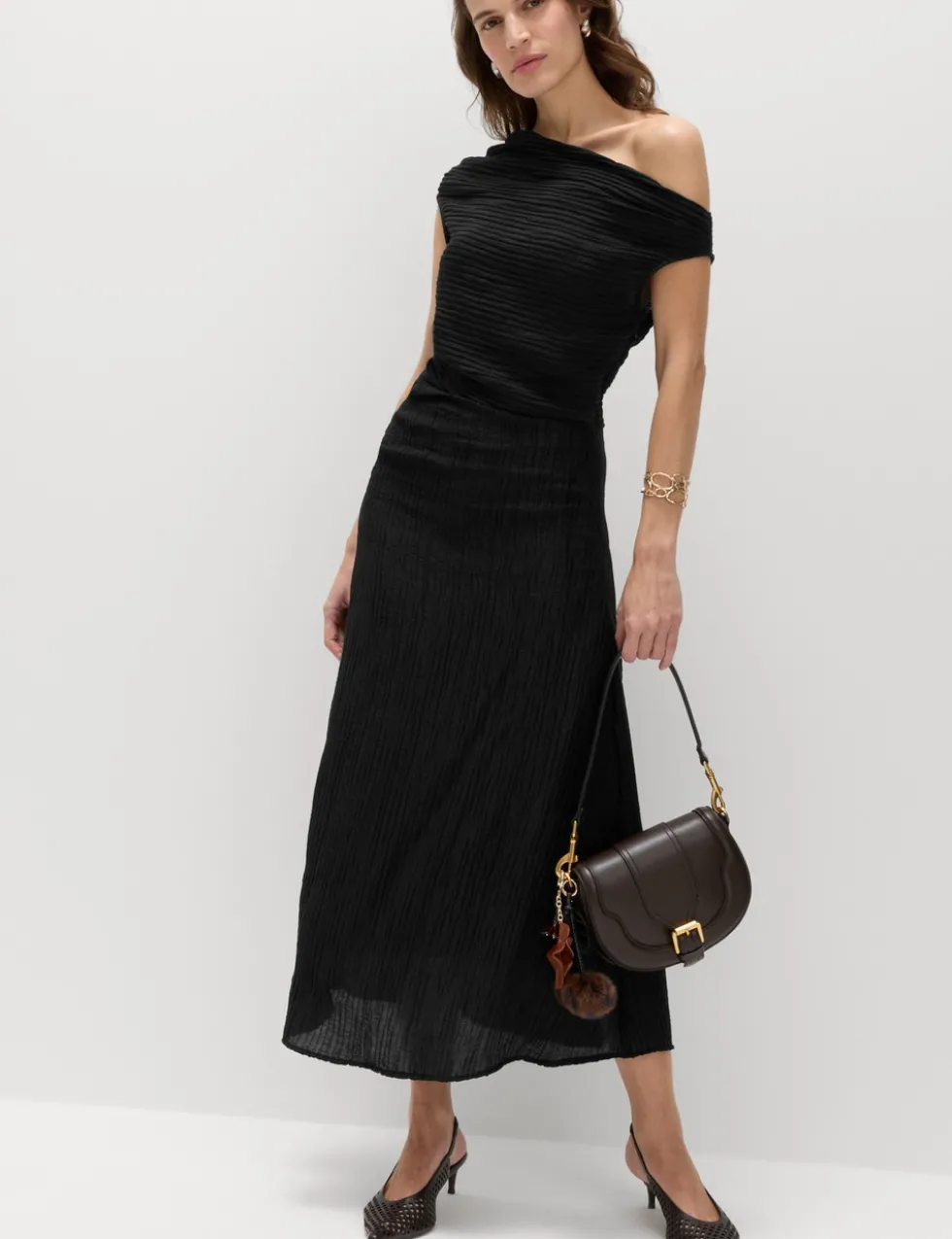Lyocell Rich Draped Textured Midi Column Dress