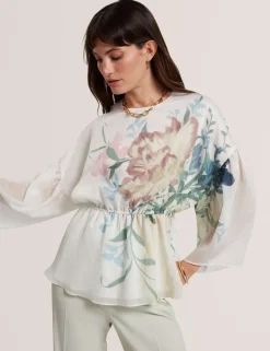 Lyocell Rich Floral Puff Sleeve Peplum Top