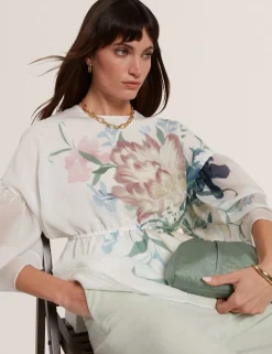 Lyocell Rich Floral Puff Sleeve Peplum Top