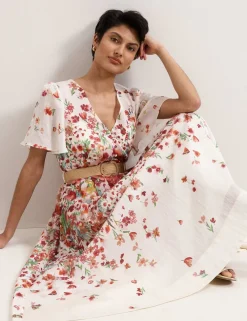 Lyocell Rich Floral V-Neck Midi Skater Dress