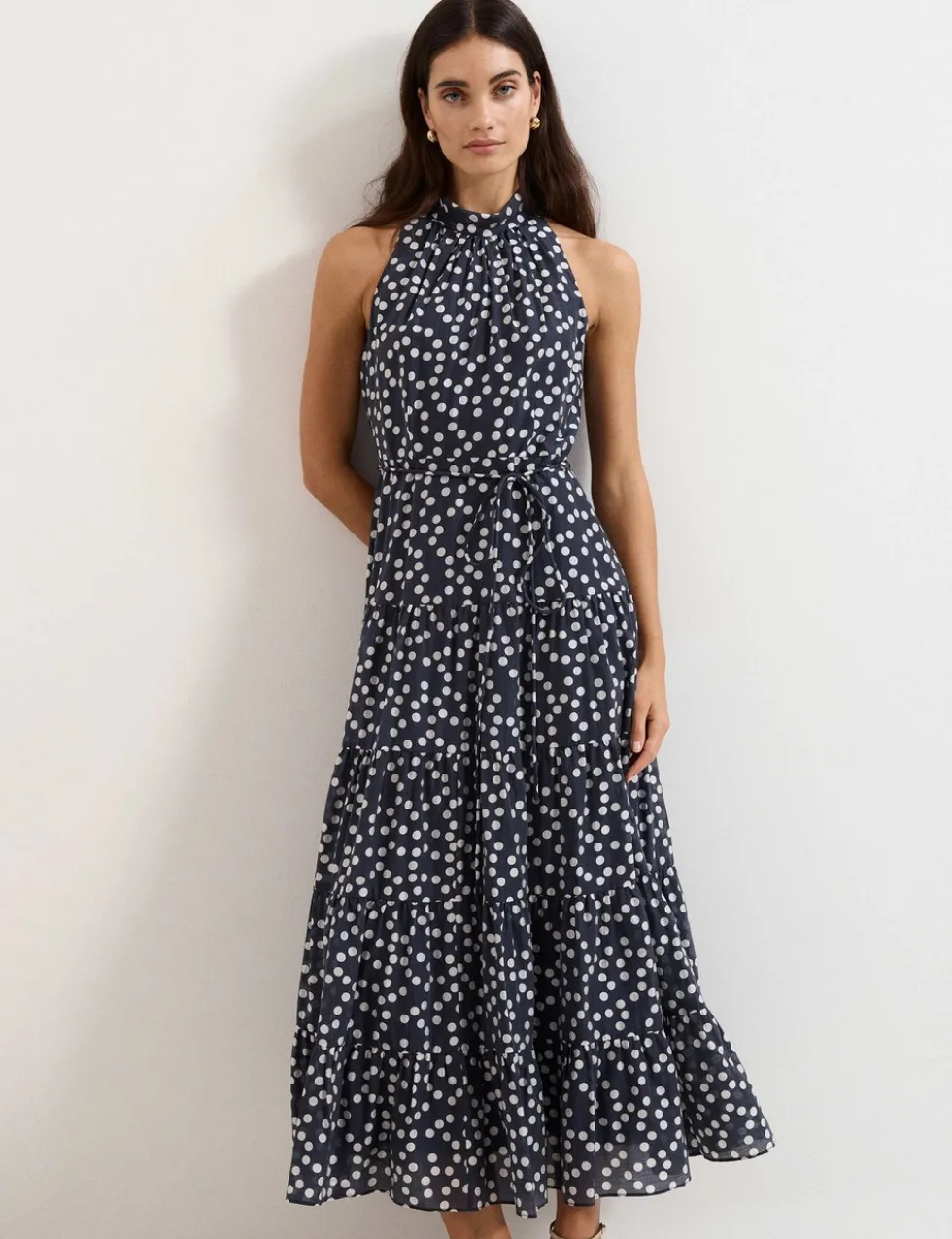 Lyocell Rich Polka Dot Maxi Tiered Dress