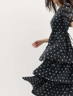 Lyocell Rich Polka Dot Midi Tiered Dress