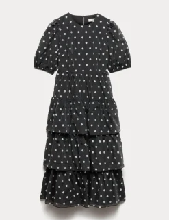 Lyocell Rich Polka Dot Midi Tiered Dress