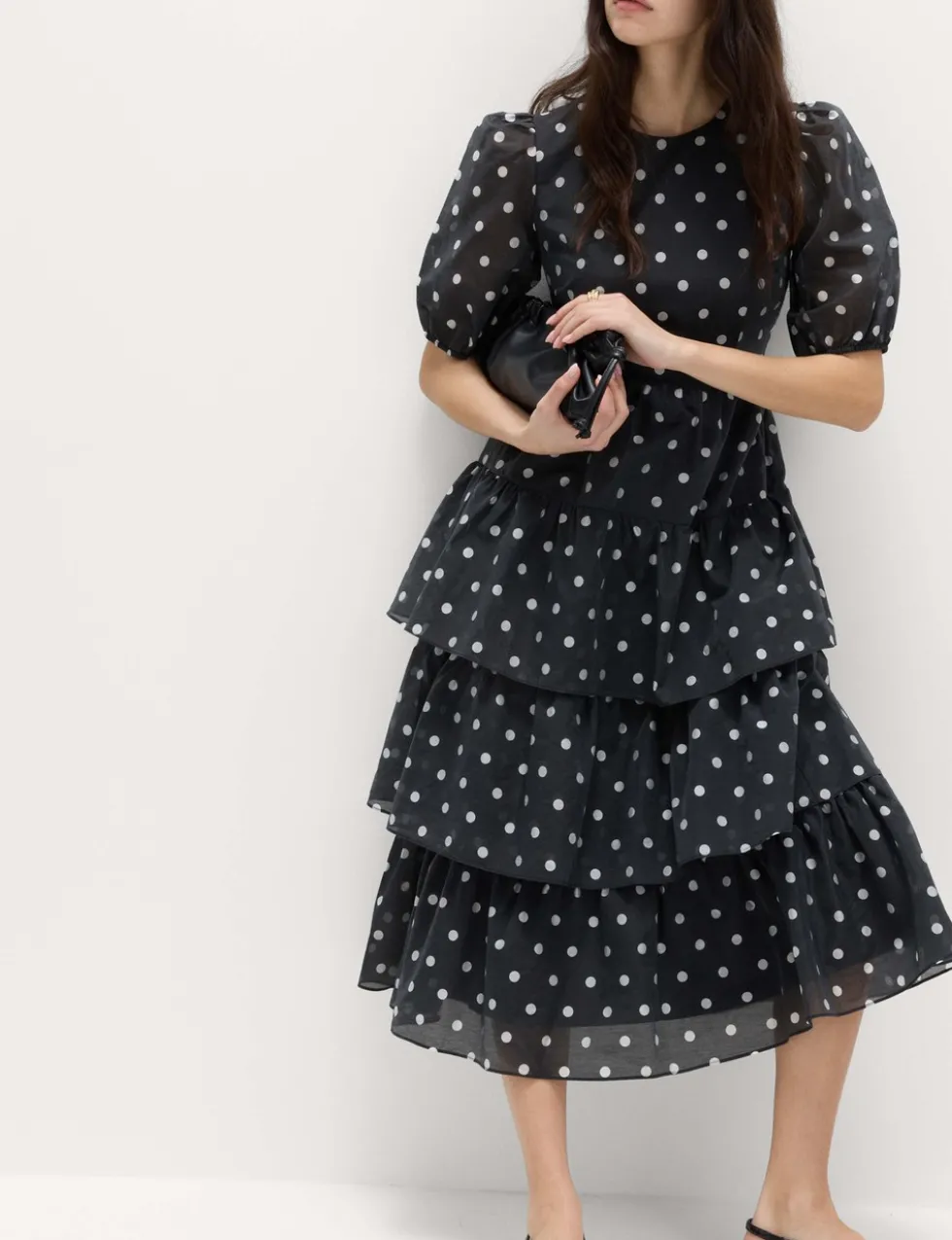 Lyocell Rich Polka Dot Midi Tiered Dress