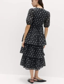 Lyocell Rich Polka Dot Midi Tiered Dress