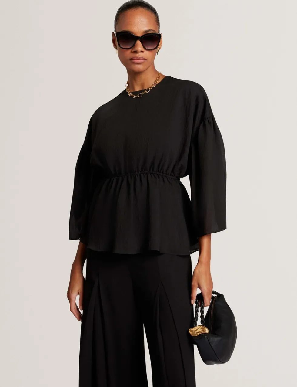 Lyocell Rich Puff Sleeve Peplum Top