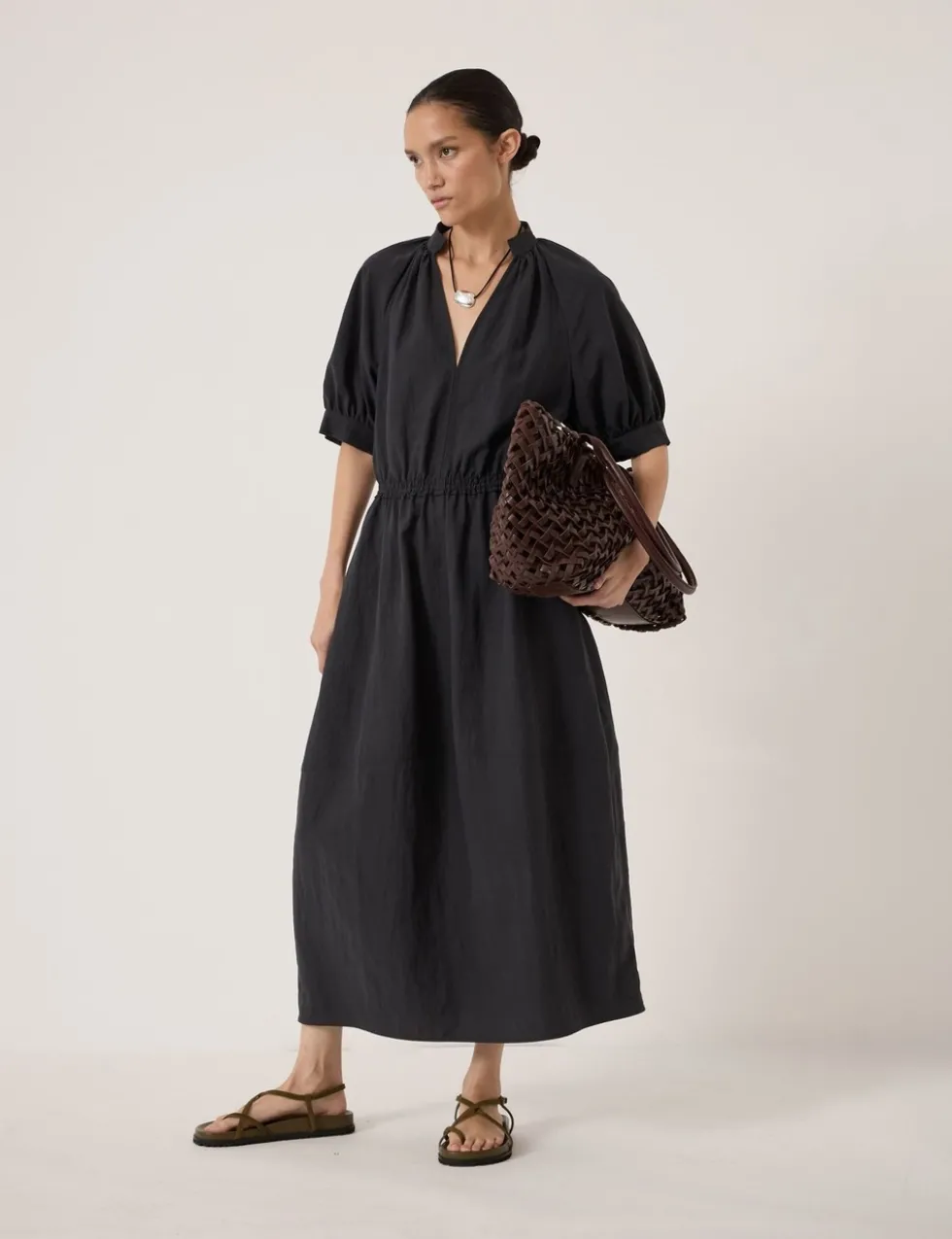 Lyocell Rich Short Sleeve Midi Waisted Dress