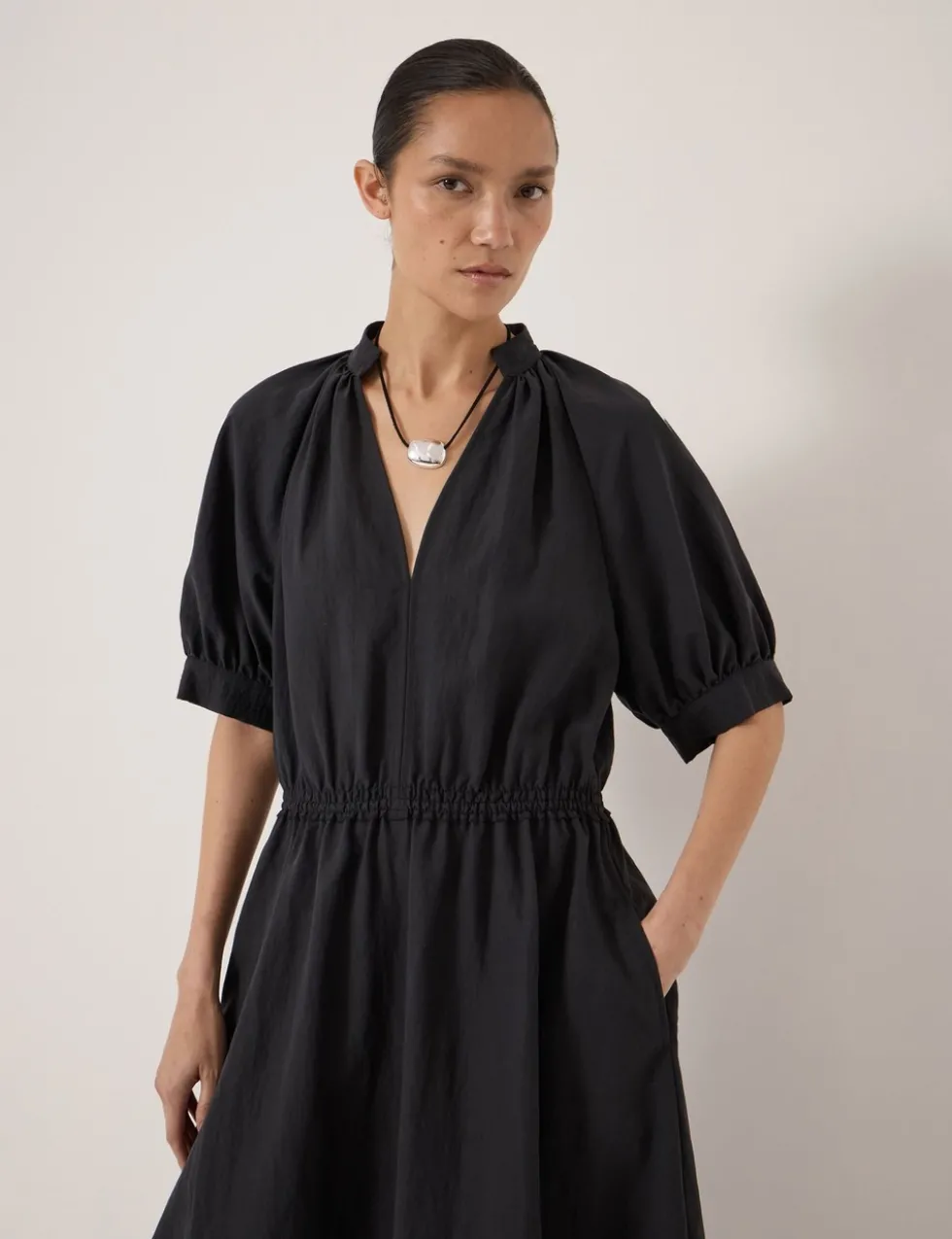 Lyocell Rich Short Sleeve Midi Waisted Dress