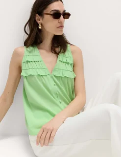 Lyocell Rich V-Neck Frill Detail Top