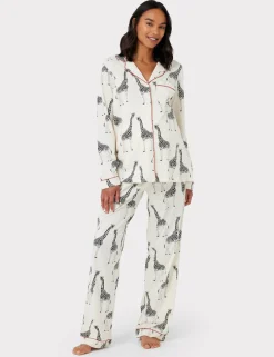 Maternity Cotton Rich Giraffe Print Long Pyjama Set - White