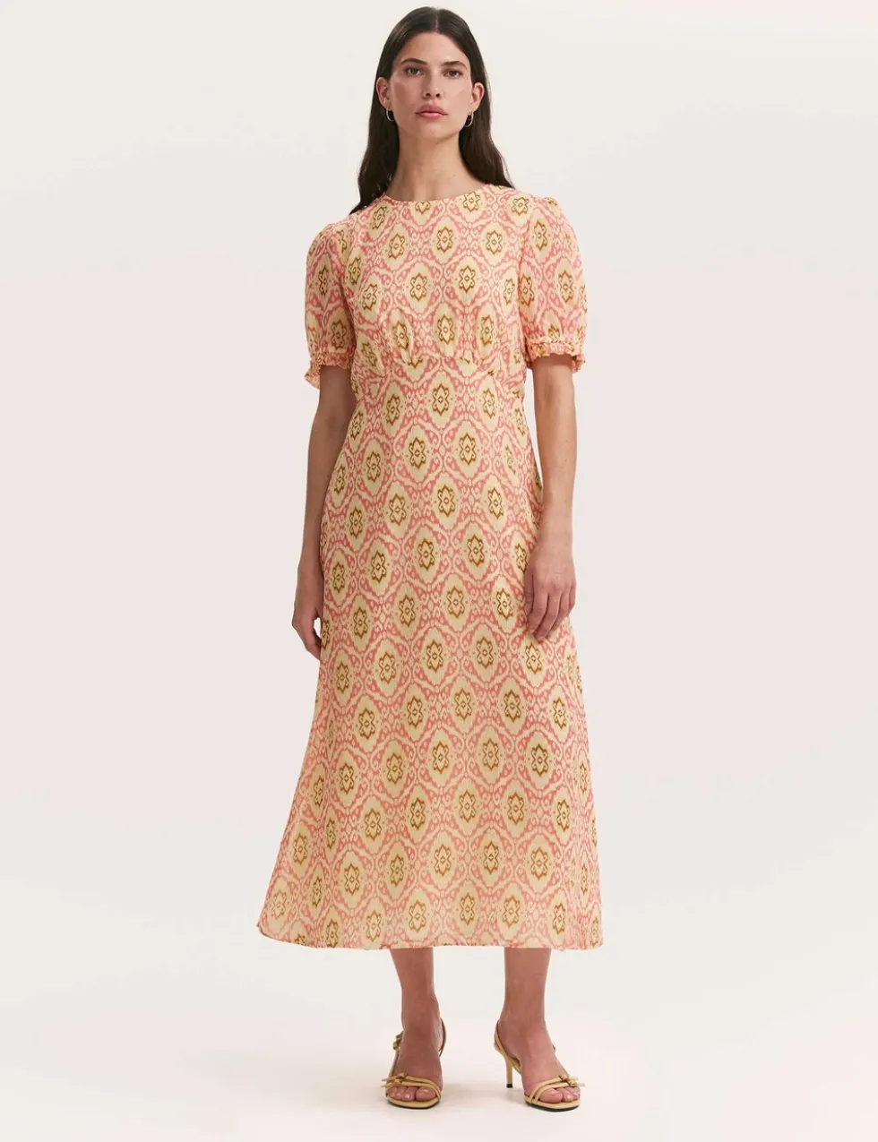 Mela Coral Ikat Chiffon Midi Tea Dress
