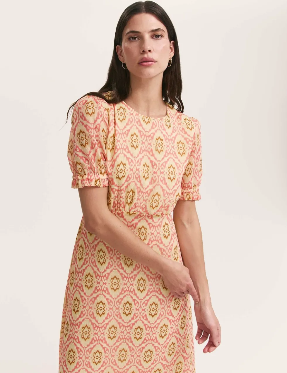 Mela Coral Ikat Chiffon Midi Tea Dress
