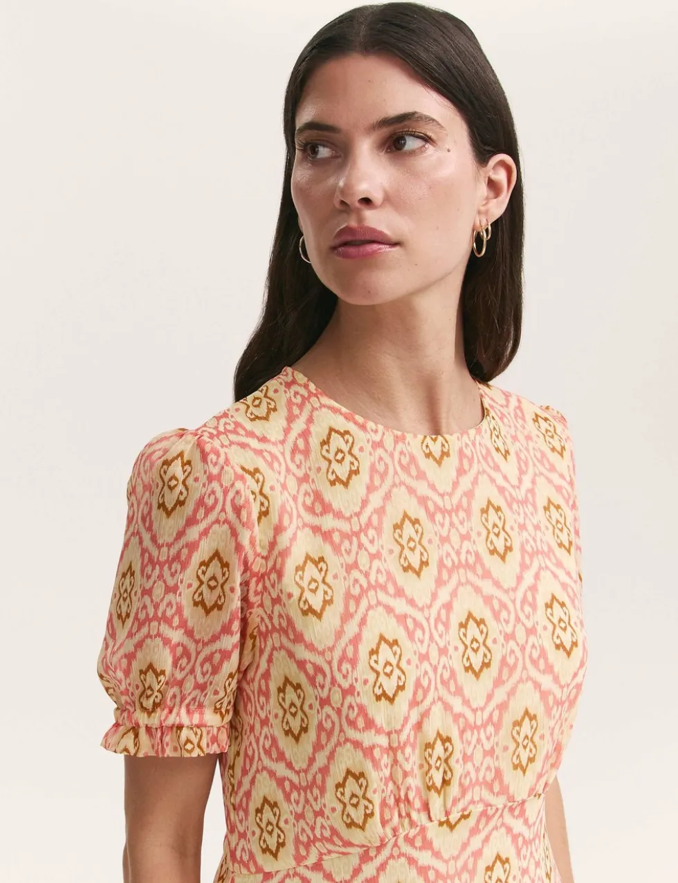 Mela Coral Ikat Chiffon Midi Tea Dress