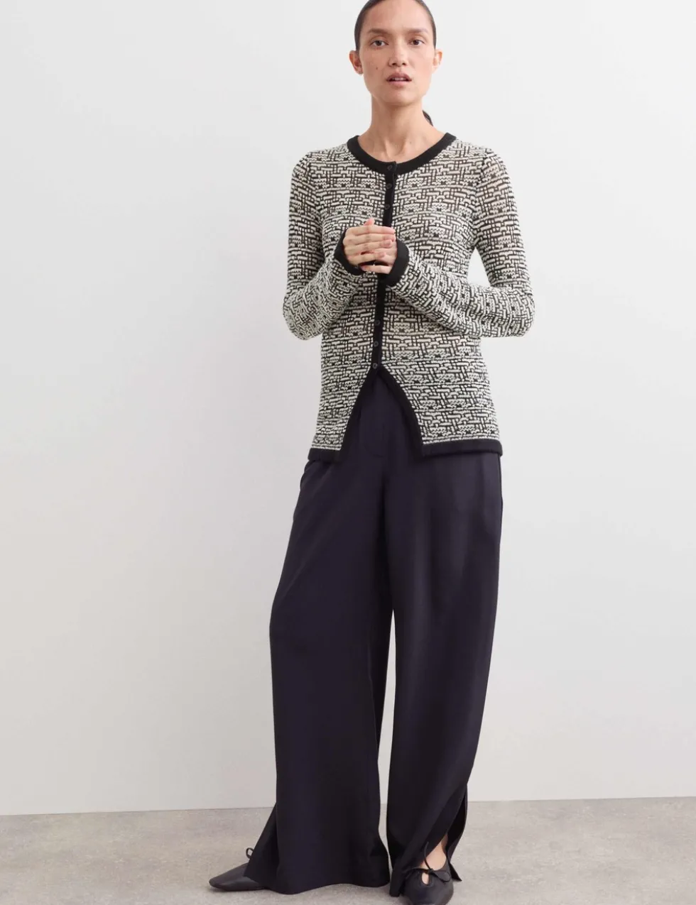 Merino Wool Rich Textured Crew Neck Cardigan
