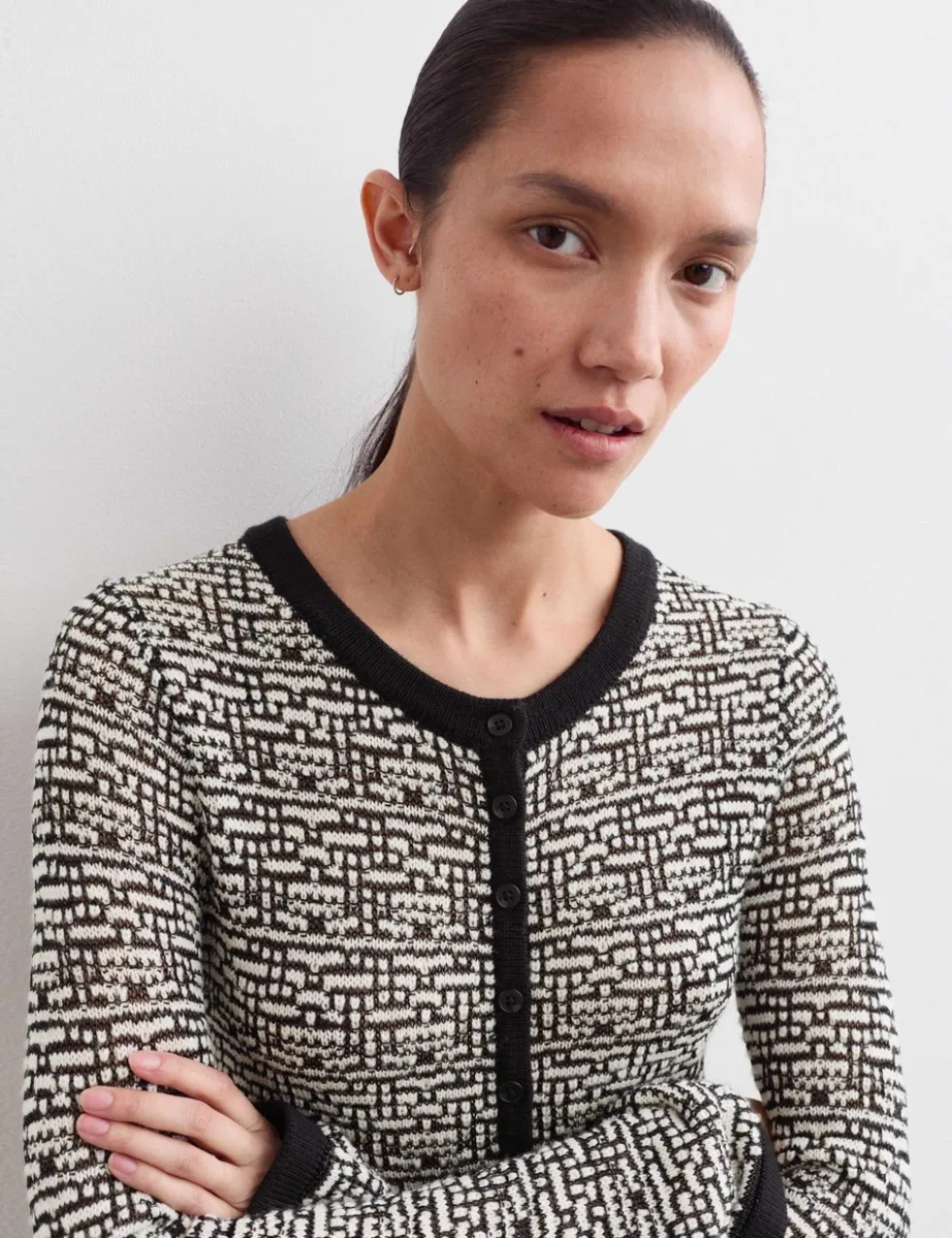 Merino Wool Rich Textured Crew Neck Cardigan