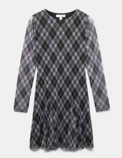 Mesh Checked Mini Skater Dress