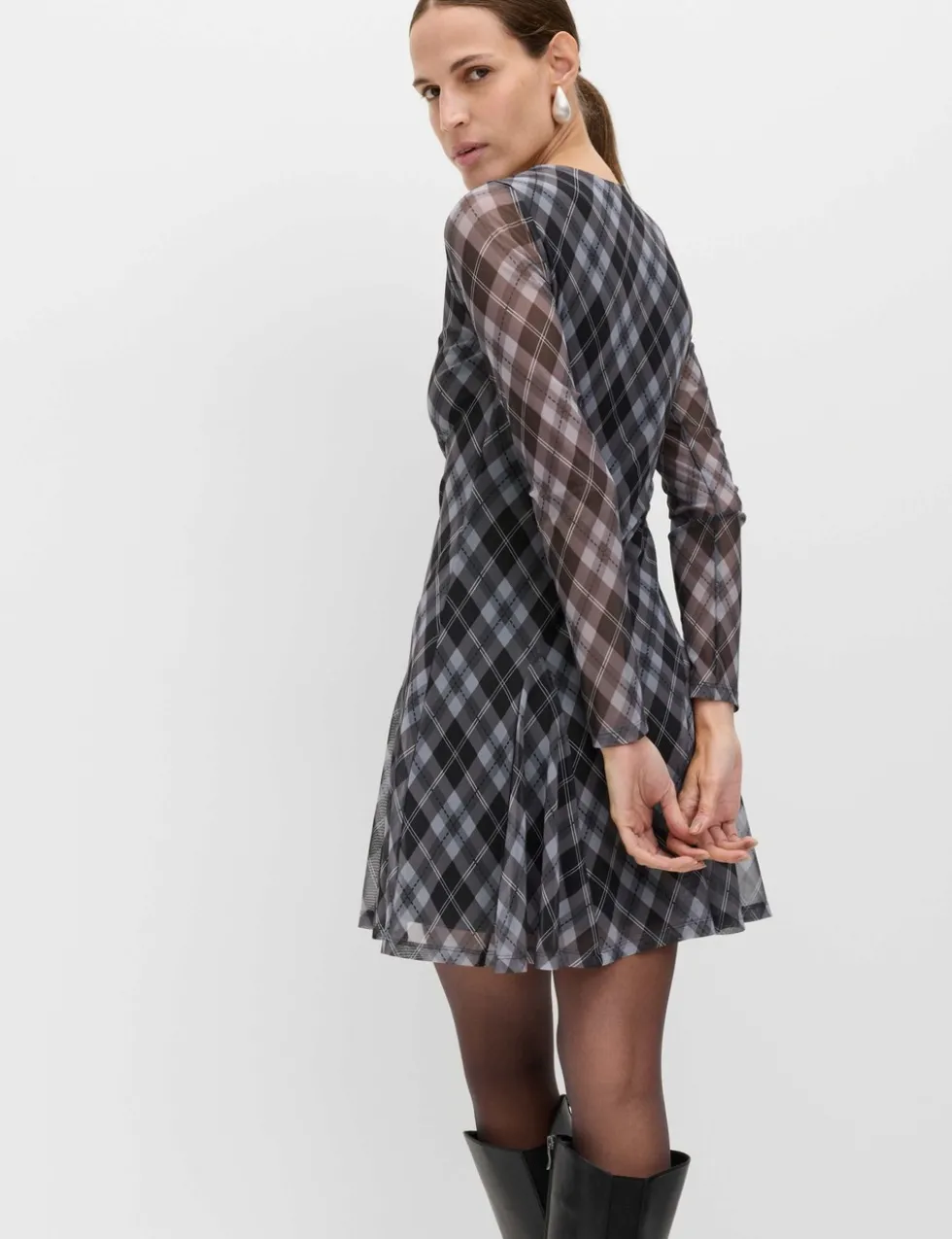 Mesh Checked Mini Skater Dress