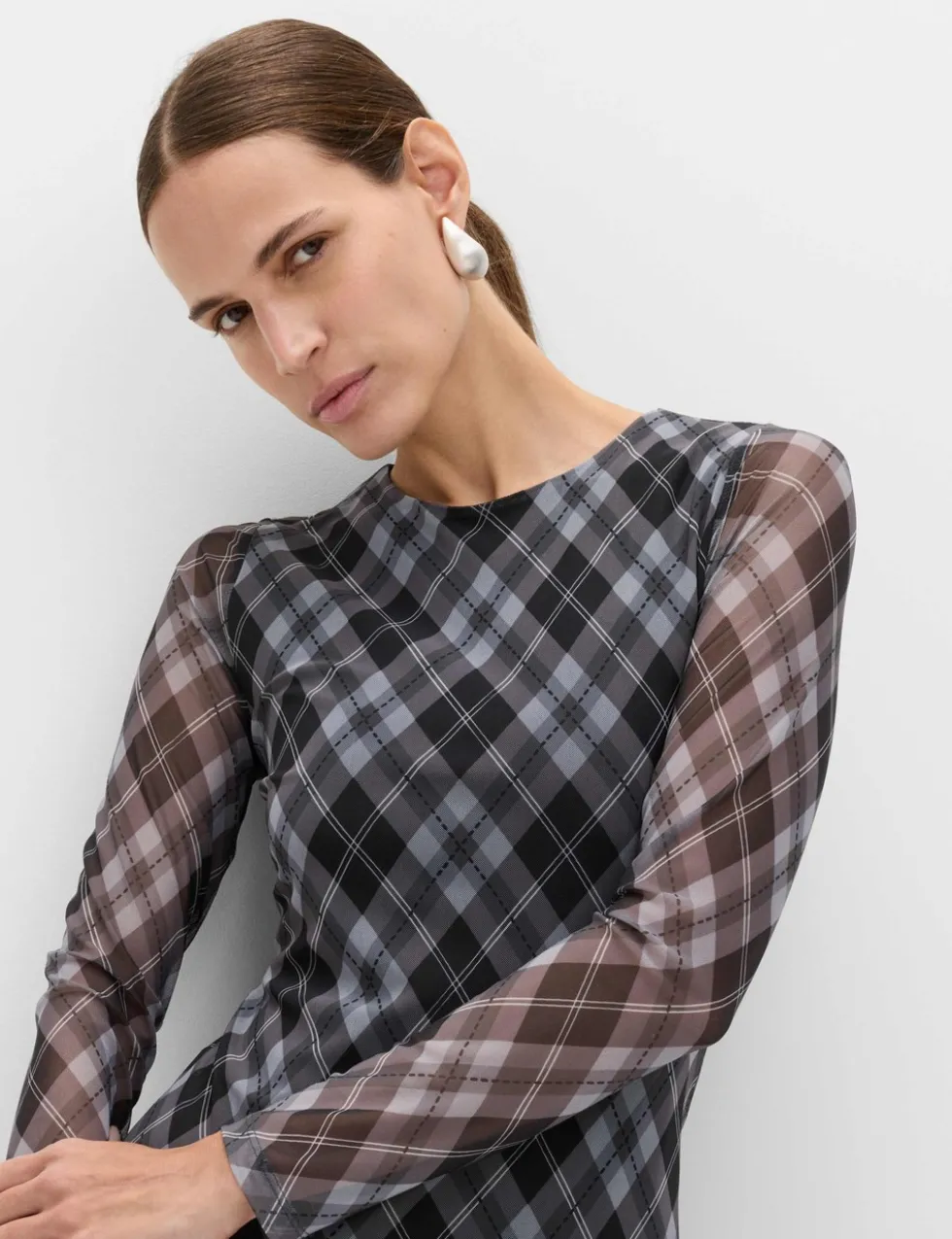 Mesh Checked Mini Skater Dress