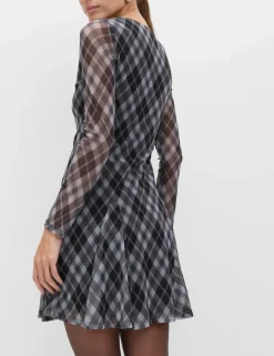 Mesh Checked Mini Skater Dress