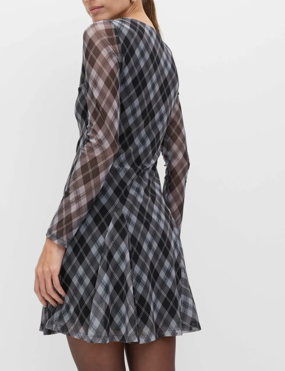 Mesh Checked Mini Skater Dress