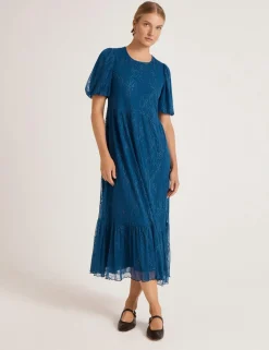 Mesh Floral Embroidered Midi Tiered Dress