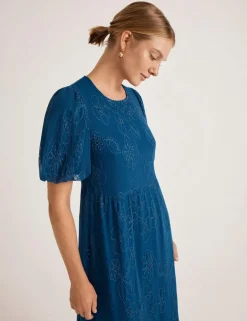 Mesh Floral Embroidered Midi Tiered Dress