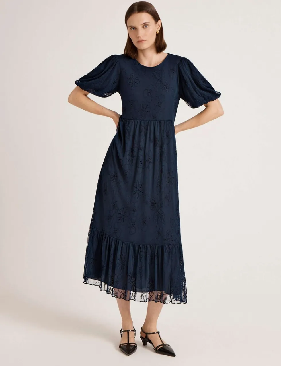Mesh Floral Embroidered Midi Tiered Dress