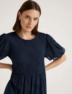 Mesh Floral Embroidered Midi Tiered Dress