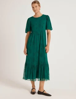 Mesh Floral Embroidered Midi Tiered Dress