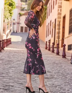 Mesh Floral V-Neck Midi Bodycon Dress
