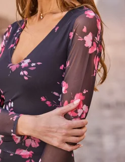Mesh Floral V-Neck Midi Bodycon Dress