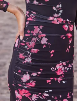 Mesh Floral V-Neck Midi Bodycon Dress