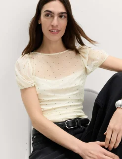 Mesh Polka Dot Fitted Top