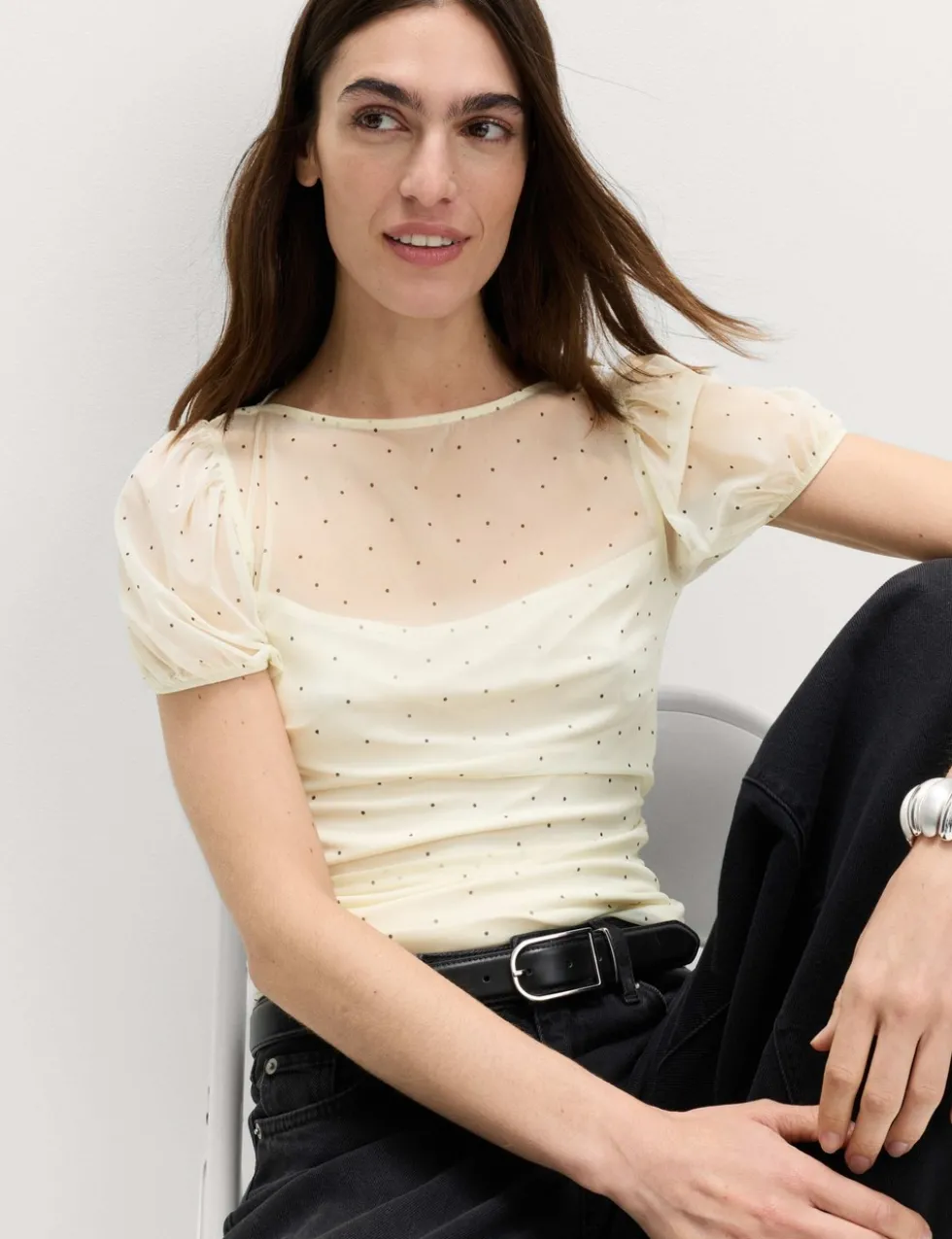 Mesh Polka Dot Fitted Top