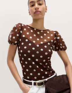 Mesh Polka Dot Fitted Top