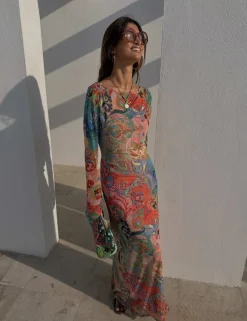 Mesh Printed Maxi Column Dress