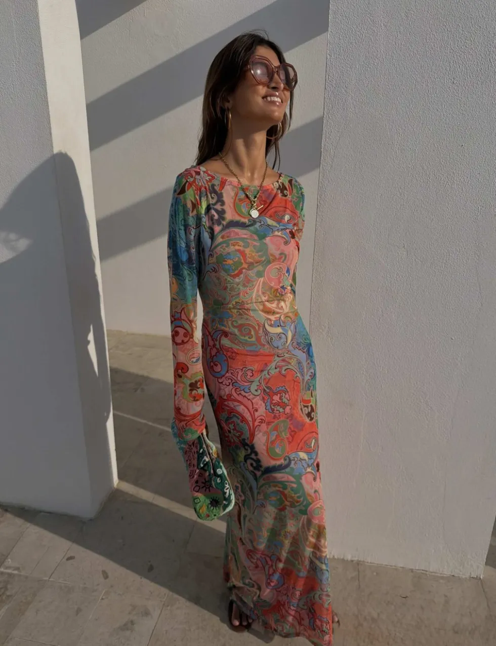 Mesh Printed Maxi Column Dress