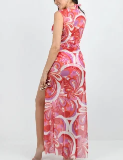 Mesh Printed Round Neck Maxi Beach Dress