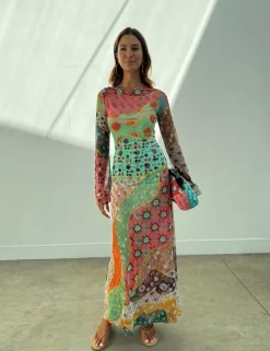 Mesh Printed Slash Neck Midaxi Column Dress