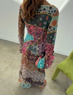 Mesh Printed Slash Neck Midaxi Column Dress