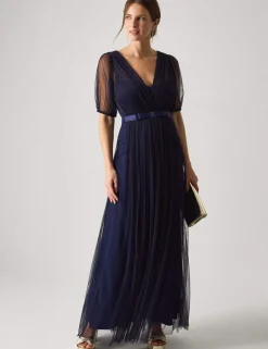 Mesh V-Neck Sheer Sleeve Maxi Skater Dress
