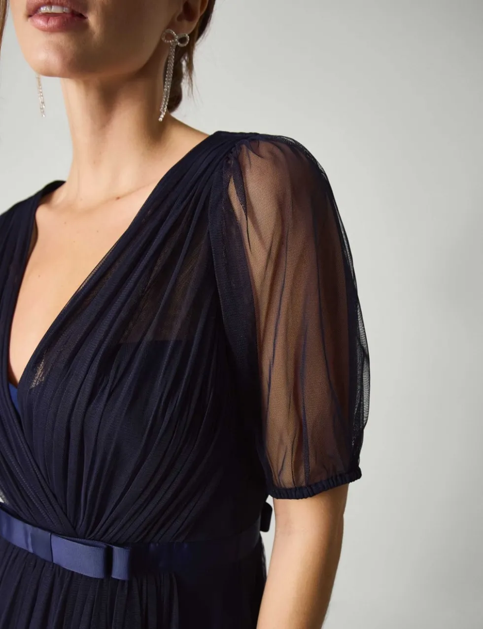 Mesh V-Neck Sheer Sleeve Maxi Skater Dress