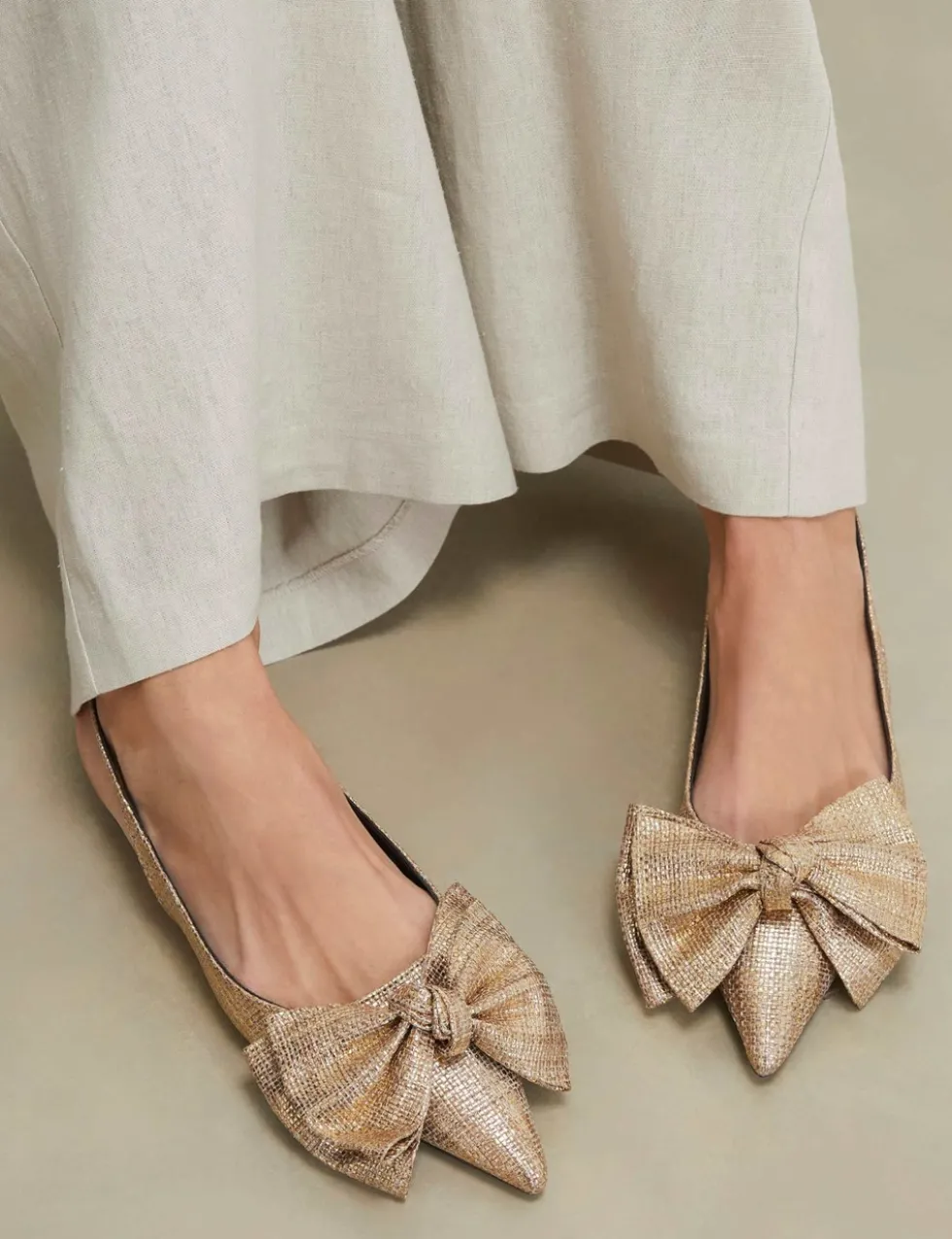 Metallic Bow Slingback Flat Pointed Pumps