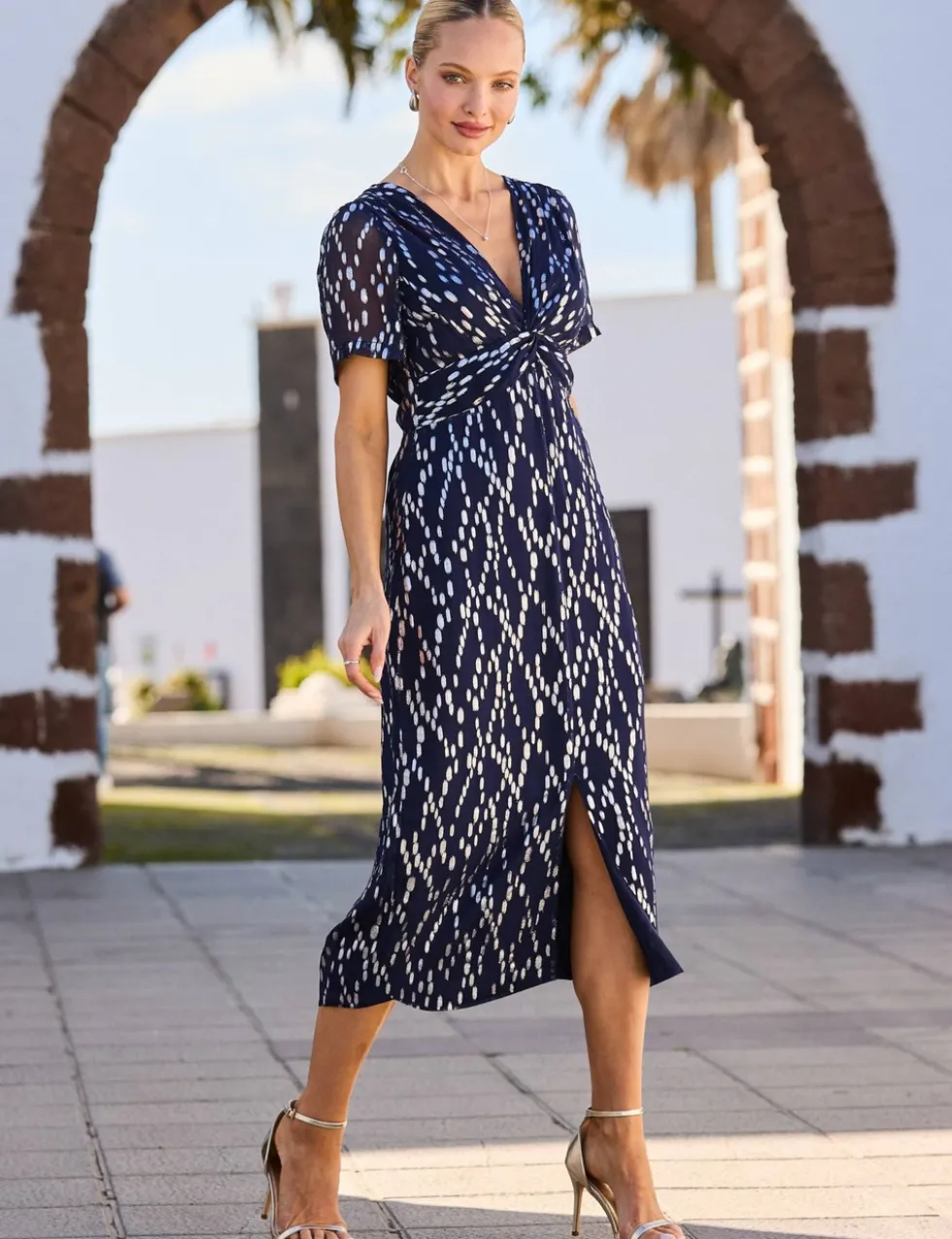 Metallic Fleck Print Twist Front Midi Dress