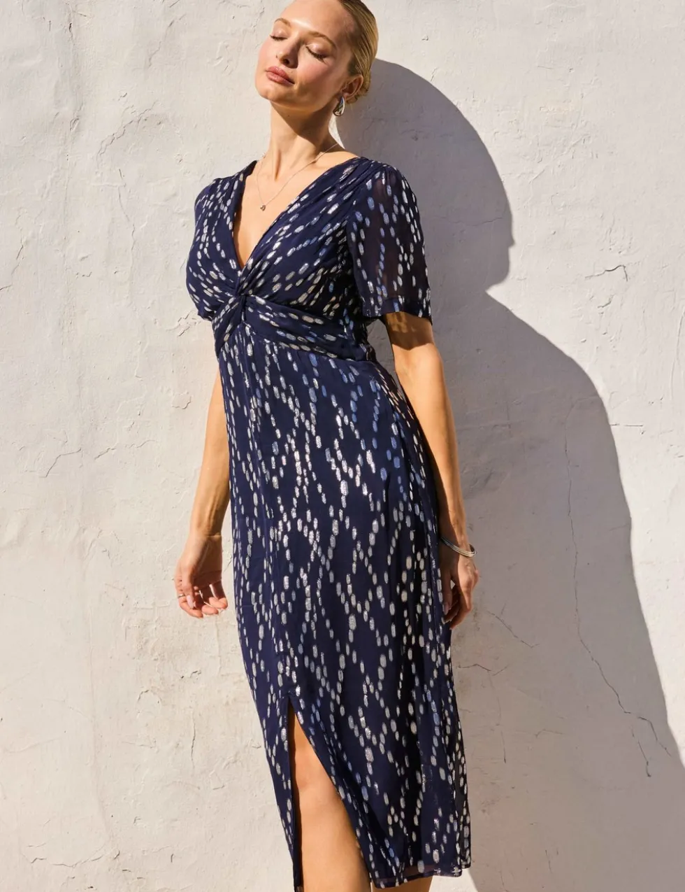 Metallic Fleck Print Twist Front Midi Dress
