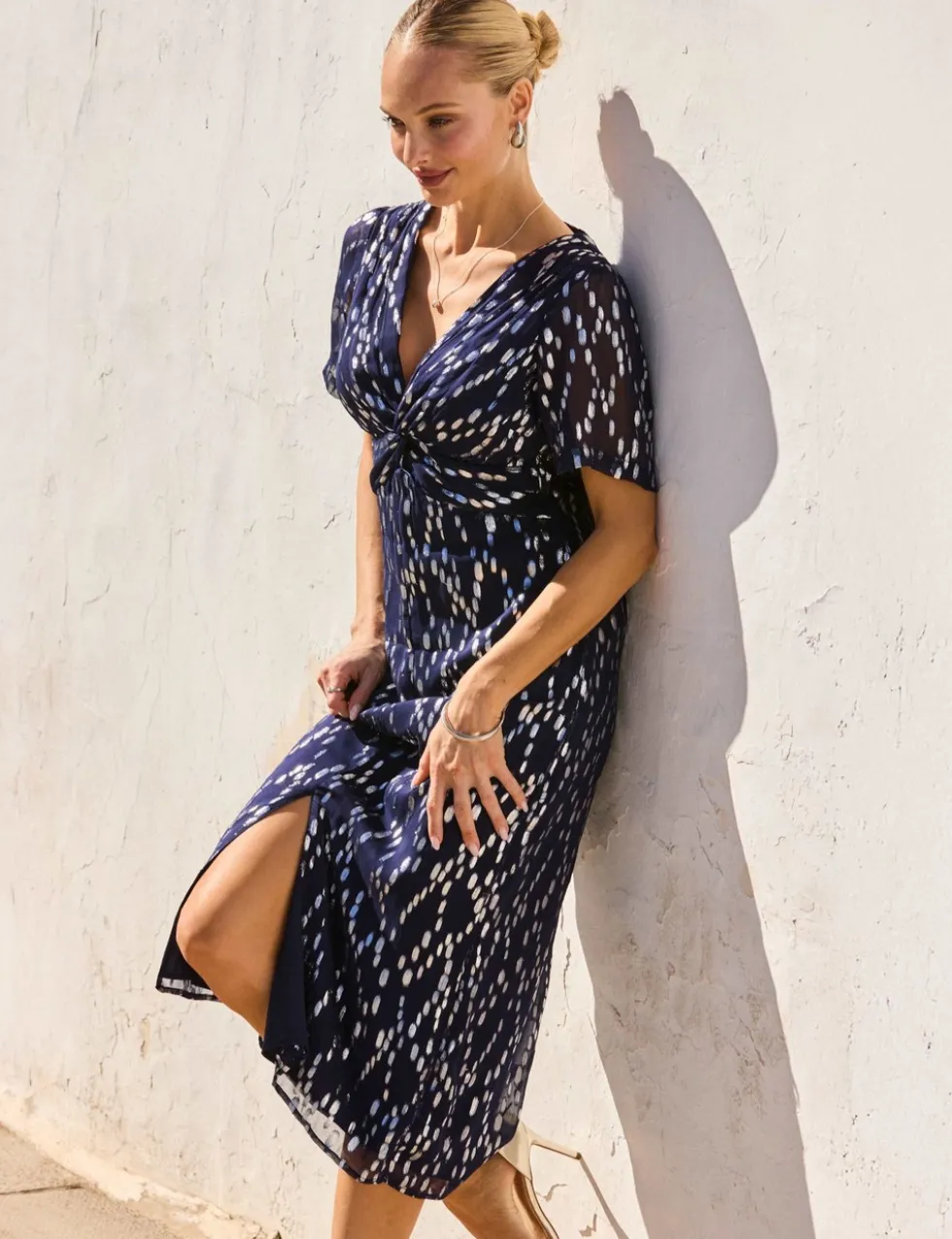 Metallic Fleck Print Twist Front Midi Dress