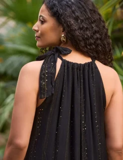 Metallic Halter Neck Maxi Tiered Dress