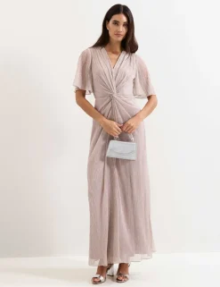 Metallic Plisse V-Neck Maxi Waisted Dress