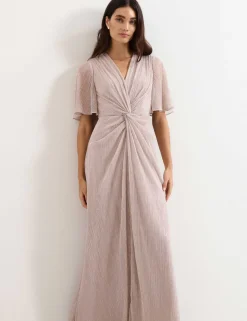 Metallic Plisse V-Neck Maxi Waisted Dress