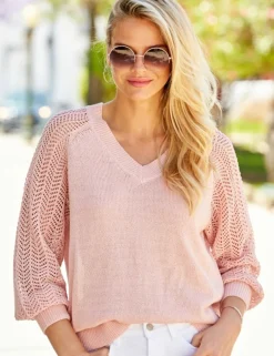 Metallic Pointelle Sleeve V-Neck Jumper